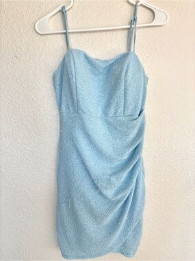 Crystal Doll Light Blue Sparkle Draped Midi Dress